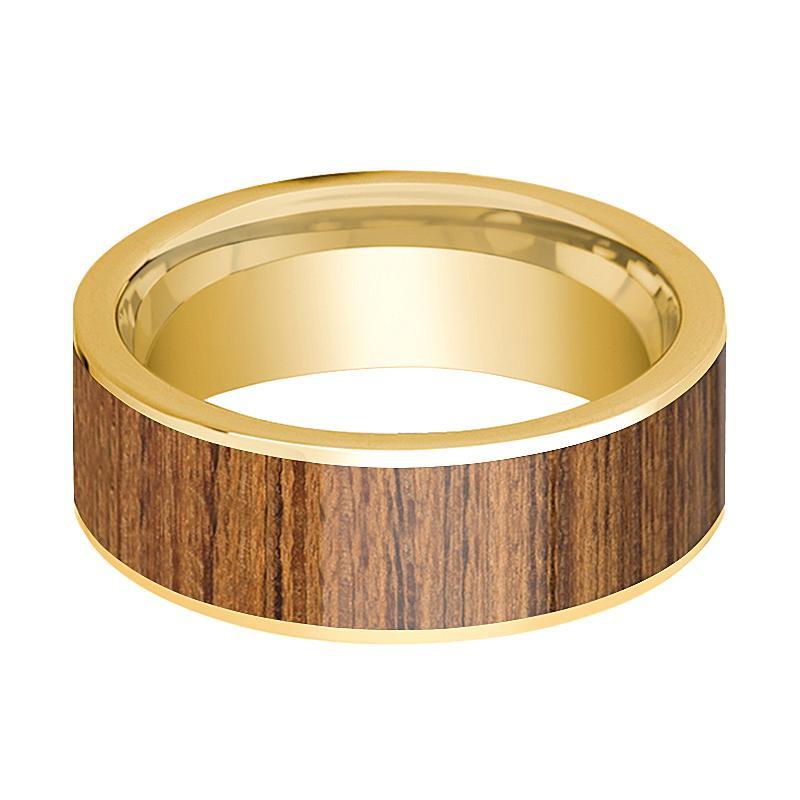 Mens Wedding Band Polished 14k Yellow Gold Wedding Ring with Teak Wood Inlay - 8mm - AydinsJewelry