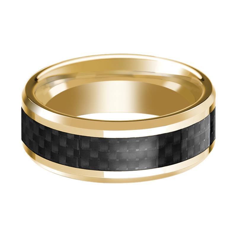 14K Yellow Gold Ring with Black Carbon Fiber Inlay Beveled Edge Wedding Band Polished Design