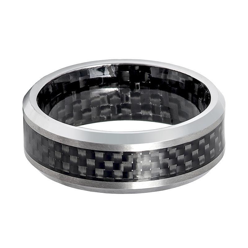 Mens Tungsten Wedding Band w/ Carbon Fiber Inlay & Inside the Band 8mm Tungsten Carbide Ring