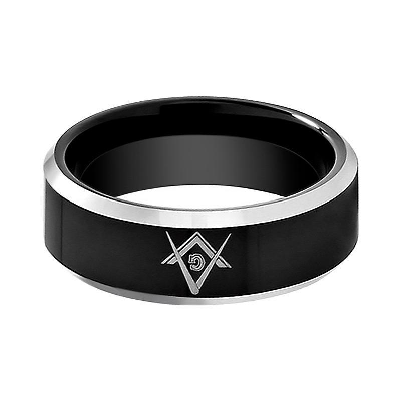 Tungsten Ring Black Shiny Polished Silver Beveled Edge w/ Mason Symbol Engraved Wedding Band 6mm, 8mm Tungsten Carbide Wedding Ring
