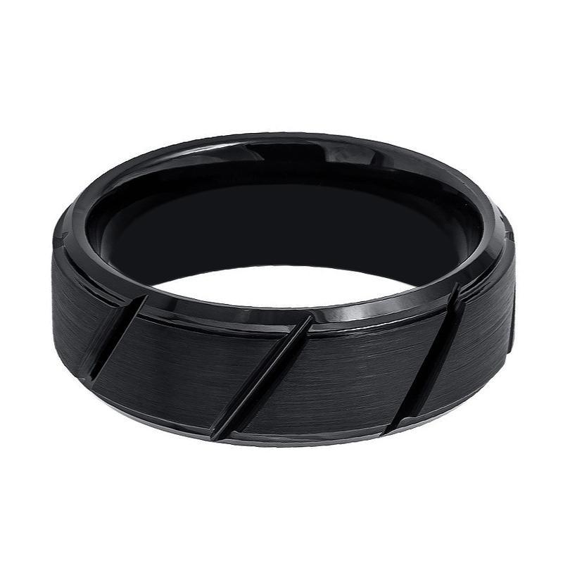 Tungsten Mens Wedding Band Black Brushed w/ Diagonal Grooves 8mm Tungsten Carbide Ring