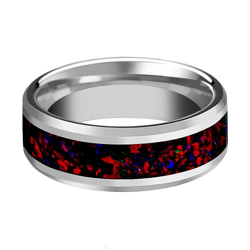 Tungsten Opal Ring - Black Opal Inlay - Tungsten Wedding Band - Beveled - Polished Finish - 8mm - Tungsten Wedding Ring - AydinsJewelry