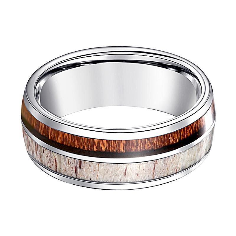 ALFA Wood and Deer Antler Inlaid Mens Wedding Ring