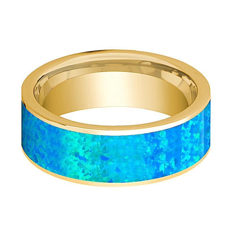 Mens Wedding Band 14K Yellow Gold with Blue Opal Inlay Flat Polished Design - AydinsJewelry
