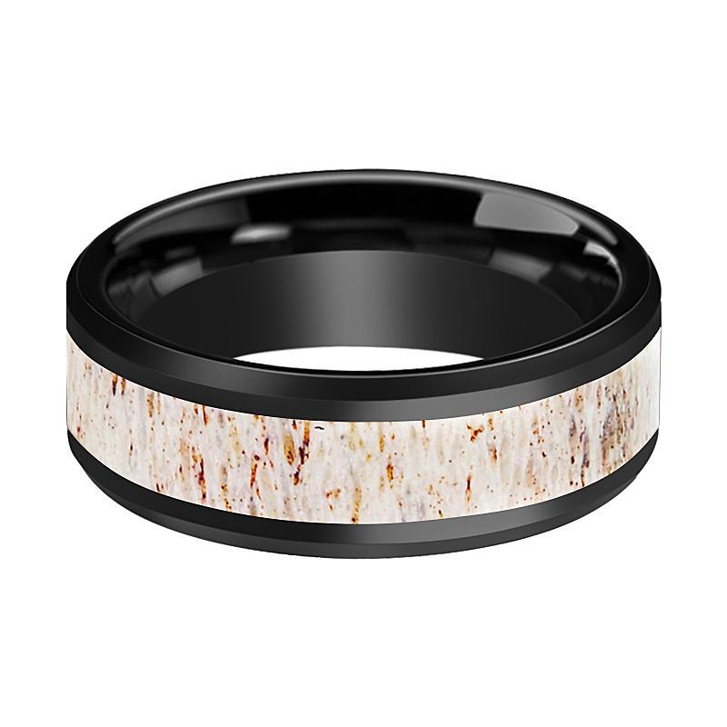 Black Ceramic Ring - Off White Antler Inlay - Ceramic Wedding Band - Beveled - Polished Finish - 8mm - Ceramic Wedding Ring - AydinsJewelry