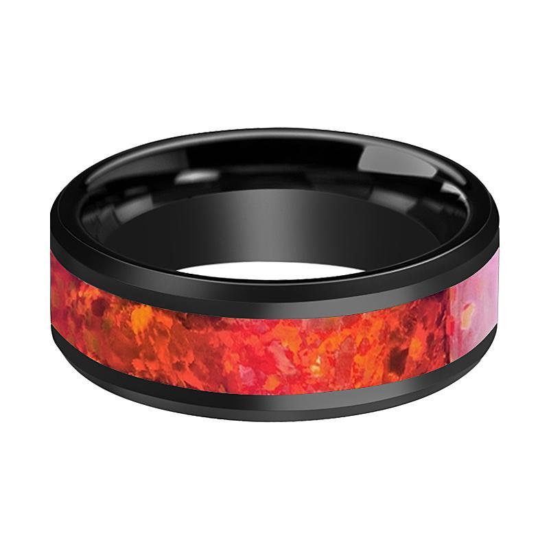 FELIX Black Ceramic Ring with Red Opal Inlay - AydinsJewelry