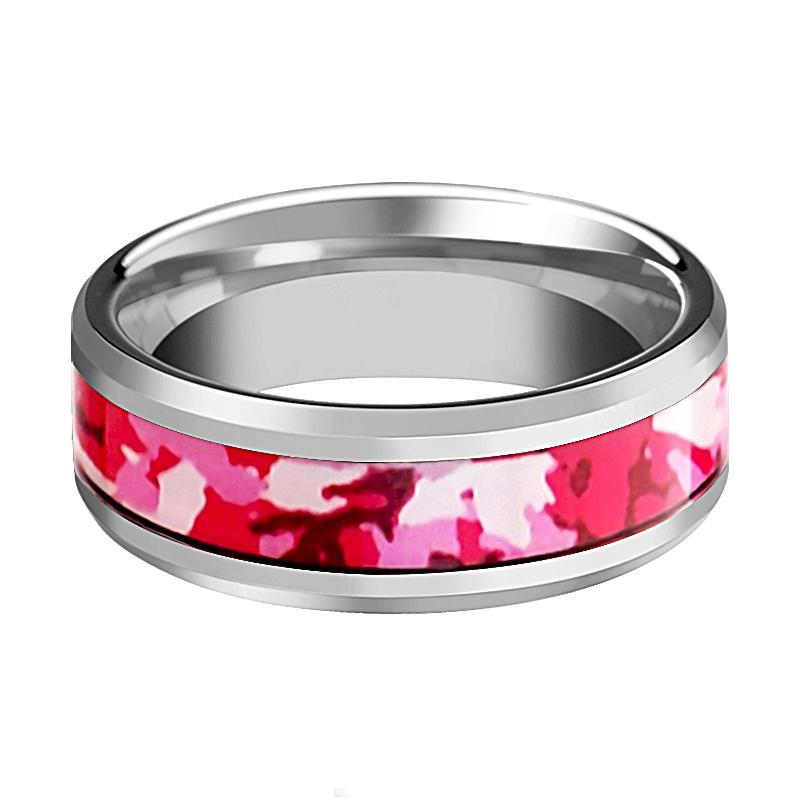 Tungsten Camo Ring - Pink and White Camouflage - Tungsten Wedding Band - Beveled - Polished Finish - 6mm - 8mm - Tungsten Wedding Ring