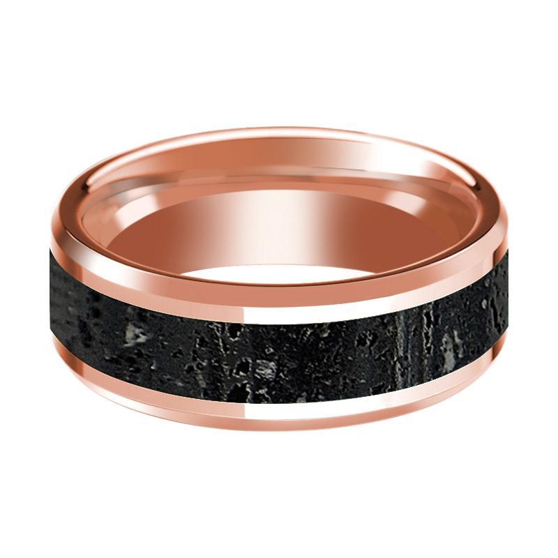 14K Wedding Band in Rose Gold with Lava Rock Inlay Beveled Edge Polished Design - AydinsJewelry
