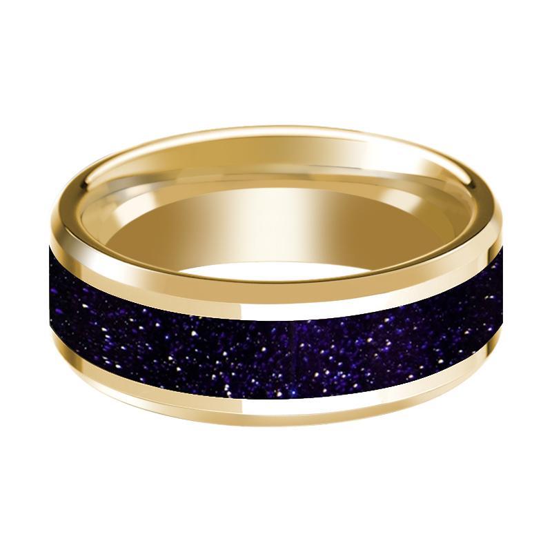 14K Yellow Gold Wedding Band with Purple Goldstone Inlaid Polished Beveled Edge - AydinsJewelry