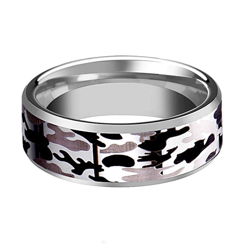 Tungsten Camo Ring - Black and Gray Camo  - Tungsten Wedding Band - Beveled - Polished Finish - 8mm - Tungsten Wedding Ring