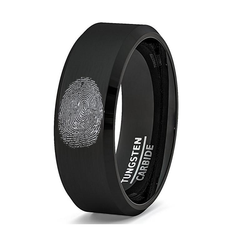 Finger Print Laser Engraved Mens Wedding Band Classic Black Brushed Beveled Edge Tungsten Ring 8mm Comfort Fit - AydinsJewelry