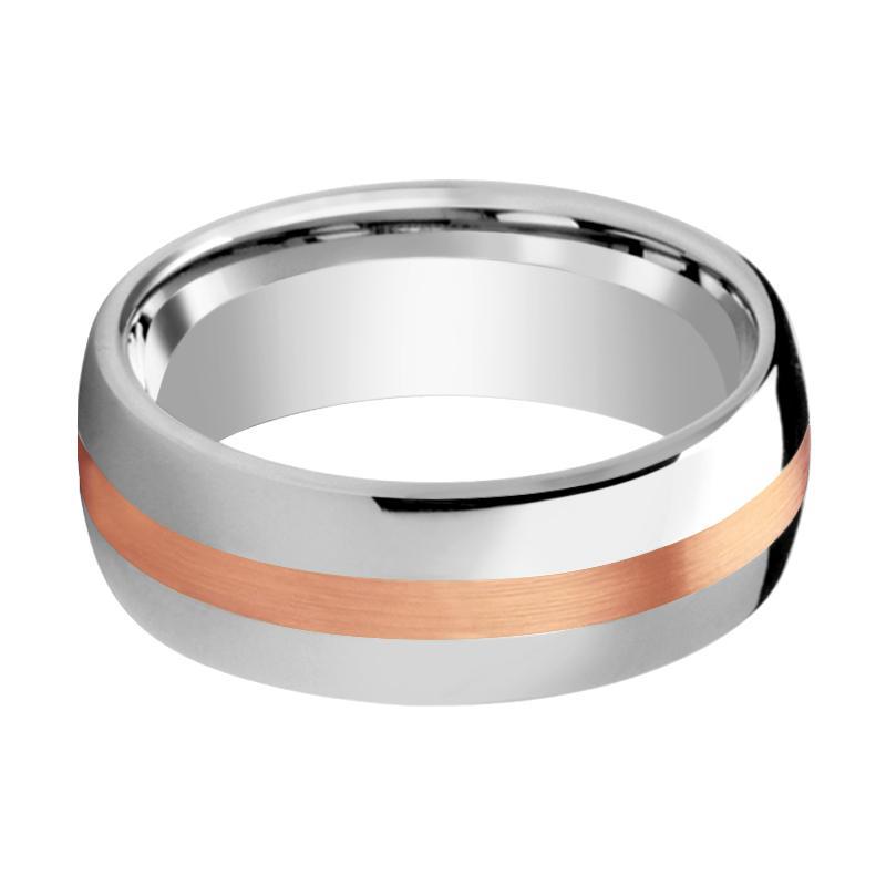 Wedding Ring Tungsten with 14k Rose Gold Stripe Inlay Domed Polished Finish 6mm, 8mm