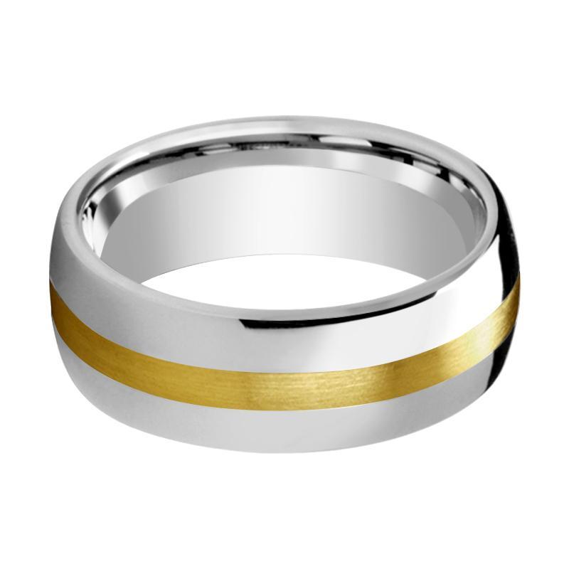 Tungsten Wedding Band with 14k Gold Stripe Inlay Domed Polished Finish 6mm, 8mm