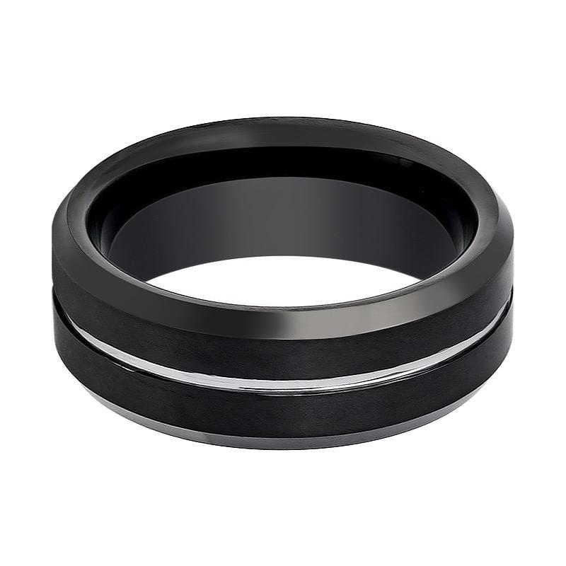 Tungsten Mens Wedding Band Black Brushed w/ Silver Groove 8mm Tungsten Carbide Ring