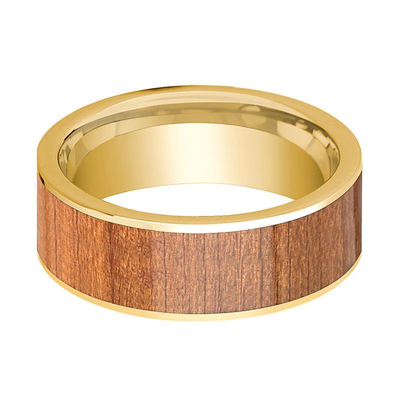 Mens Wedding Band 14k Yellow Gold Flat Wedding Ring with Sapele Wood Inlay Polished - 8mm - AydinsJewelry
