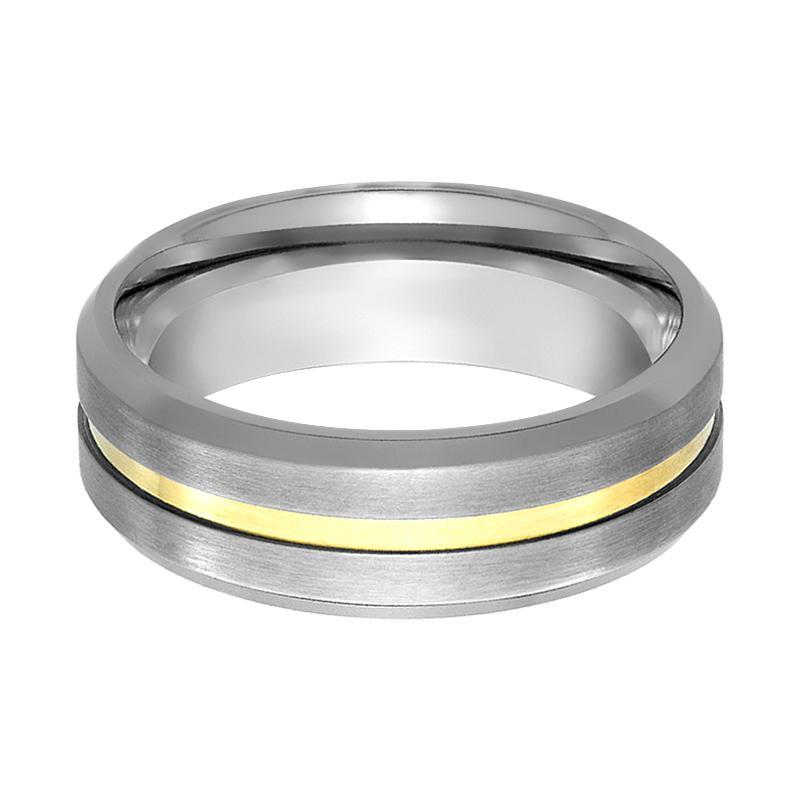 Mens Tungsten Wedding Band Brushed Gold Groove Center 7mm Tungsten Carbide Ring