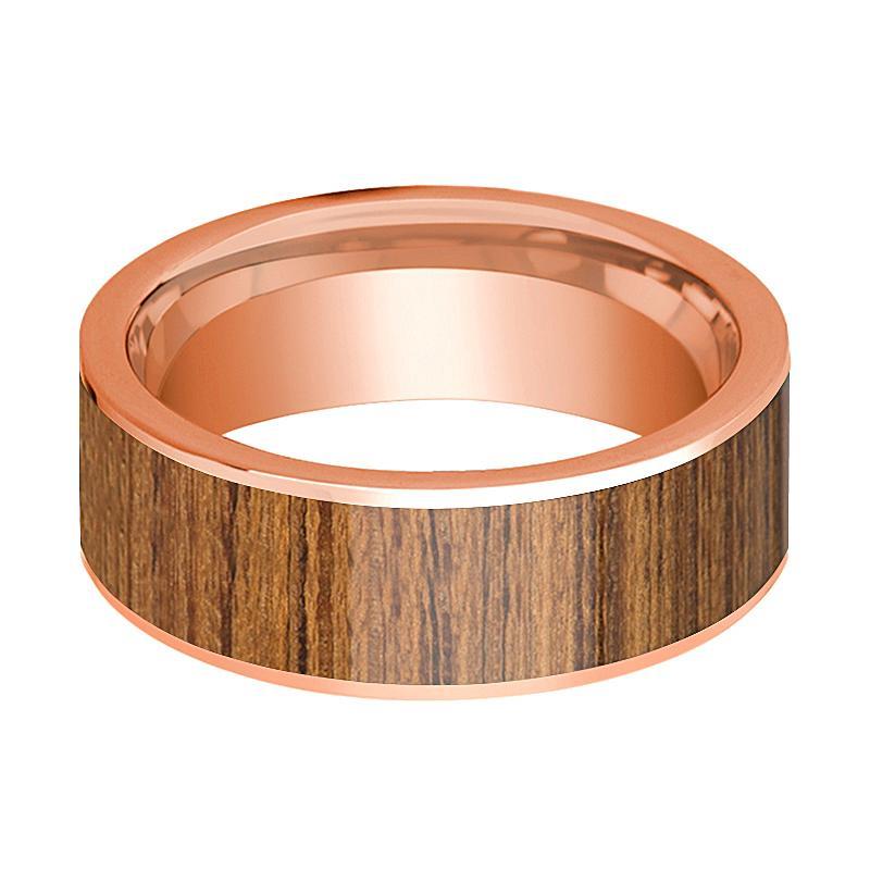 Mens Wedding Band Polished Flat 14k Rose Gold Wedding Ring with Teak Wood Inlay - 8mm - AydinsJewelry