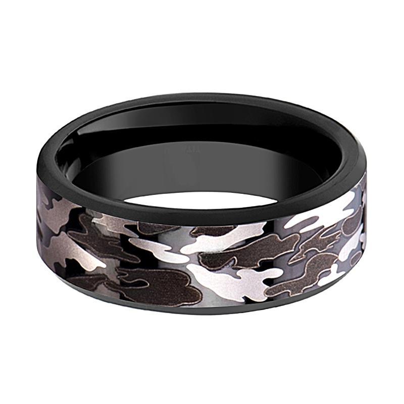 Camo Wedding Band - Black Tungsten - Black and Gray Camo  - Tungsten Wedding Band - Beveled - Polished Finish - 8mm - Tungsten Wedding Ring