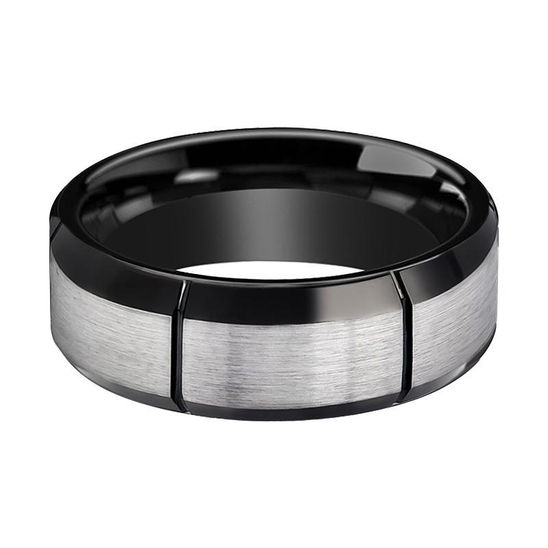 Tungsten Ring Two-tone w/ Multiple Brushed Vertical Grooves Wedding Band 8mm Tungsten Carbide Wedding Ring