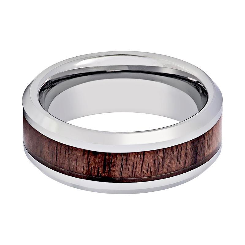 Tungsten Wedding Ring with Mahogany Wood Inlay Beveled Edge 8mm Tungsten Wedding Band