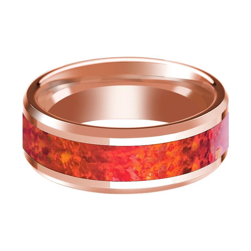 Red Opal Inlay Beveled Edge Mens Wedding Band 14K Rose Gold Polished Design