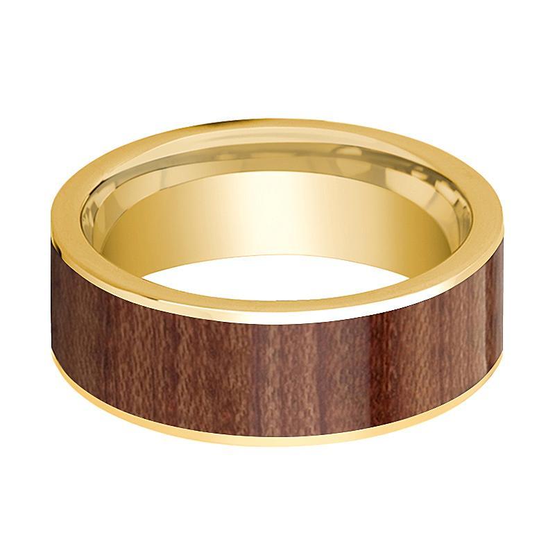 Mens Wedding Band Polished 14k Yellow Gold Men’s Flat Wedding Ring with Rose Wood Inlay - 8mm - AydinsJewelry