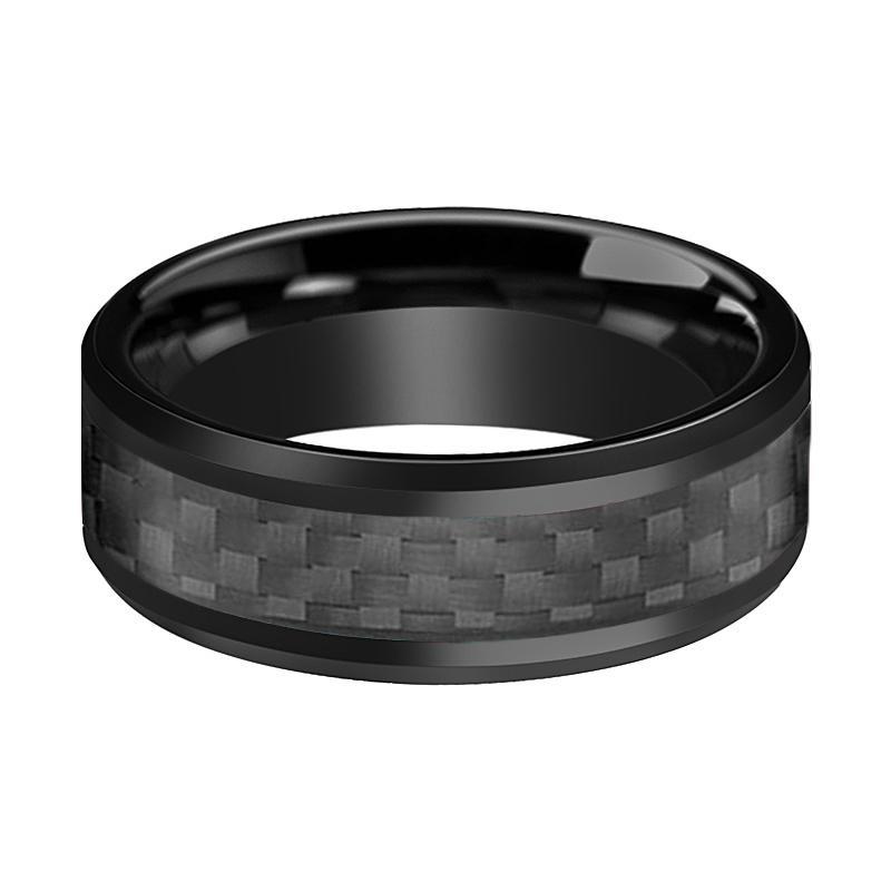 Tungsten Ring Black Shiny Polished w/ Black Carbon Fiber Inlay Wedding Band 8mm Tungsten Carbide Wedding Ring