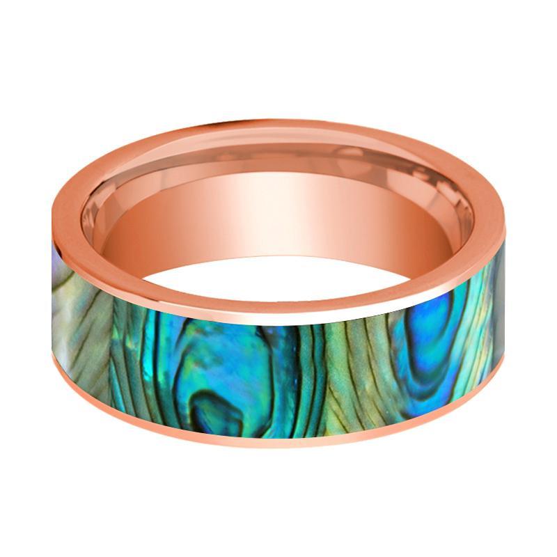Mens Wedding Band 14K Rose Gold with Mother of Pearl Inlay Flat Polished Design - AydinsJewelry