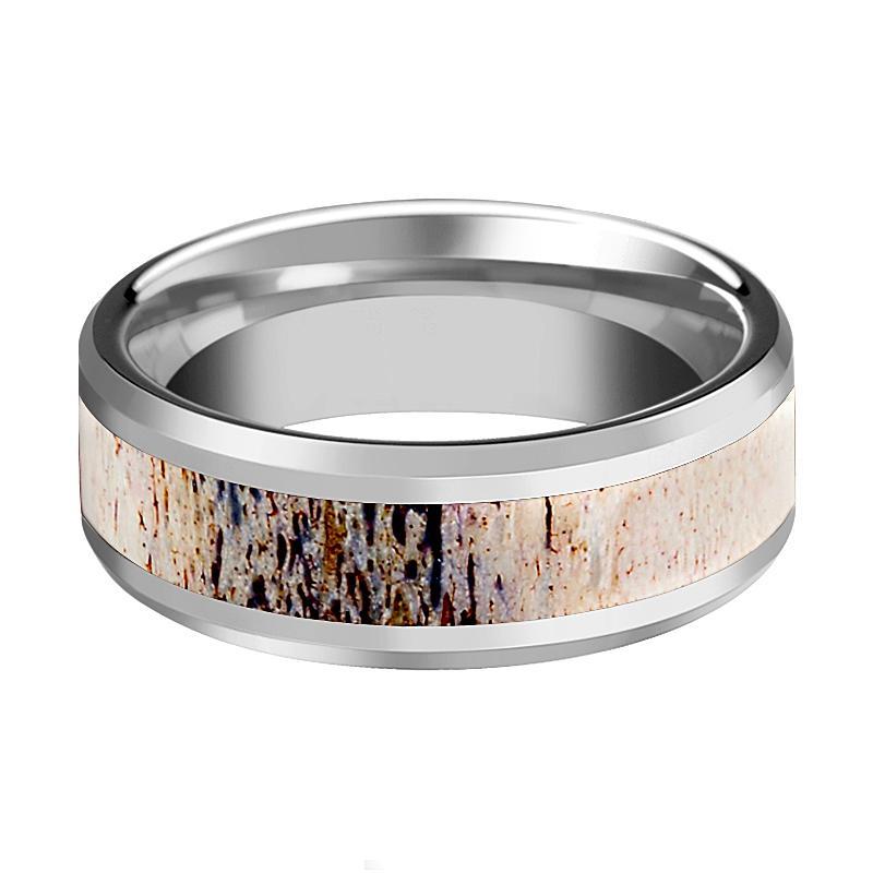 Tungsten Ombre Deer Antler Inlay - Tungsten Wedding Band - Beveled - Polished Finish - 8mm - Tungsten Wedding Ring - AydinsJewelry