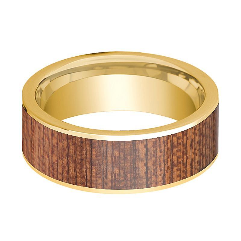 Mens Wedding Ring Polished 14k Yellow Gold Flat Wedding Band with Cherry Wood Inlay - 8mm - AydinsJewelry