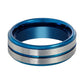 Blue Tungsten and Silver Brushed Grooved Tungsten Carbide Ring
