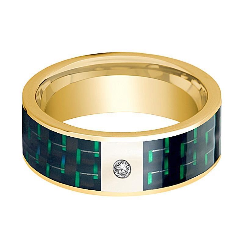 Mens Wedding Band 14K Yellow Gold and Diamond with Black & Green Carbon Fiber Inlay Flat Polished Design