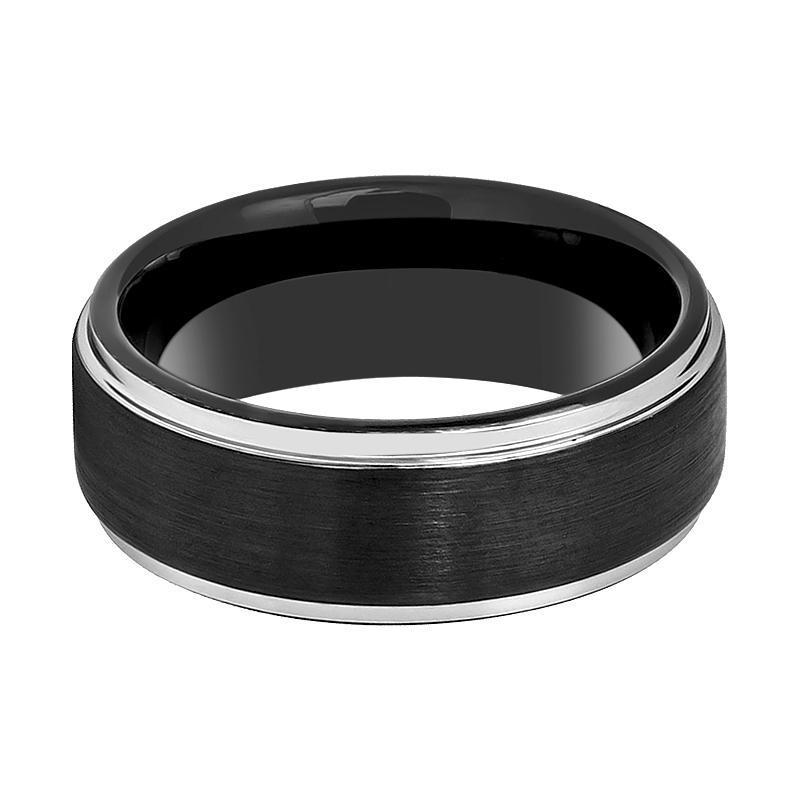 Tungsten Ring Black Brushed Center Silver Polished Stepped Edge Wedding Band 6mm, 8mm Tungsten Carbide Wedding Ring