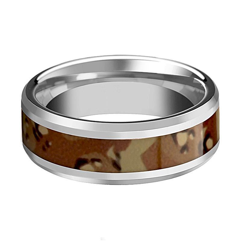 Military Camo Ring - Desert Camo - Tungsten Wedding Band - Beveled - Polished Finish - 8mm - Tungsten Wedding Ring