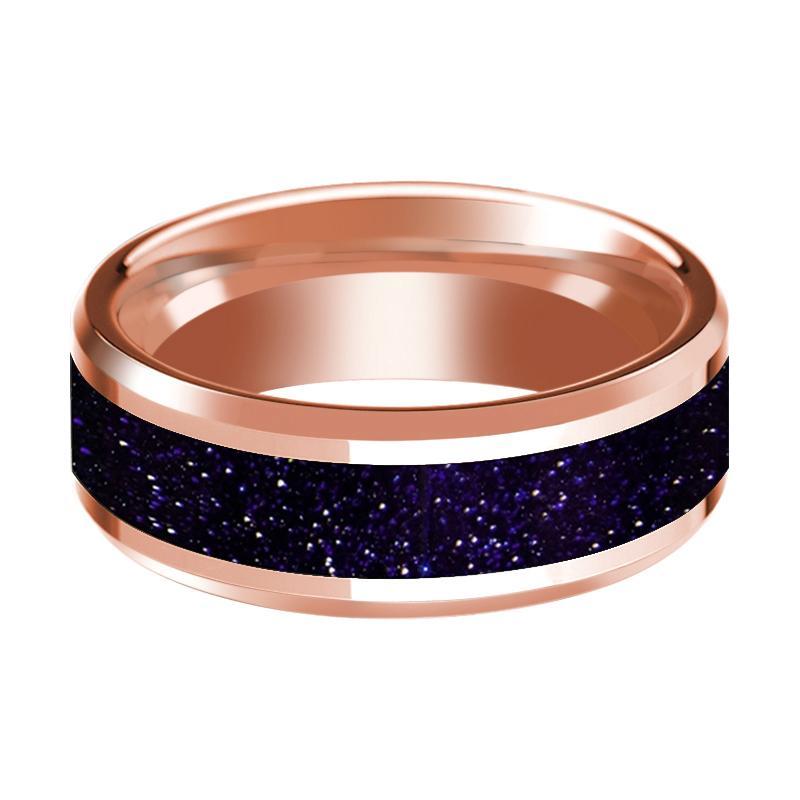 14K Rose Gold Wedding Ring with Purple Goldstone Inlaid Polished Band Beveled Edge - AydinsJewelry