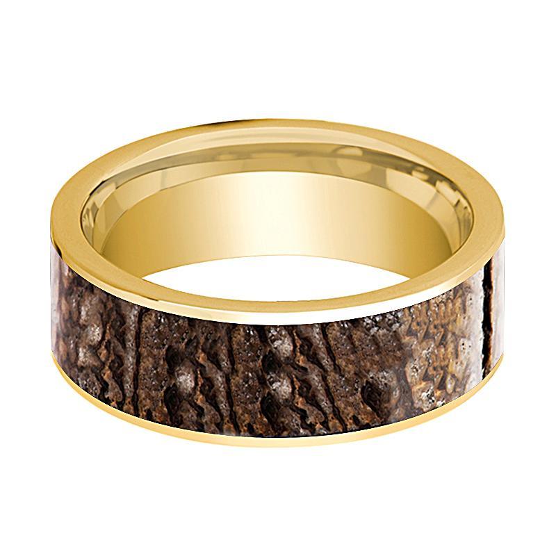 Dinosaur Bone Ring - Brown Dinosaur Bone - Flat Polished 14K Yellow Gold - Polished Finish - 8mm - 14k Gold Wedding Ring - AydinsJewelry