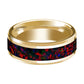 Mens Wedding Band 14K Yellow Gold Inlaid with Black and Red Opal Polished Design Beveled Edge