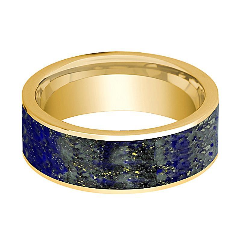 Mens Wedding Band 14K Yellow Gold with Blue Lapis Lazuli Inlay Flat Polished Design - AydinsJewelry