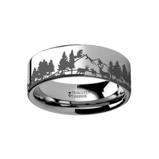 Animal Landscape Scene - Reindeer Deer Stag Mountain Range Ring - Laser Engraved - Flat Tungsten Ring - 4mm - 6mm - 8mm - 10mm - 12mm - AydinsJewelry