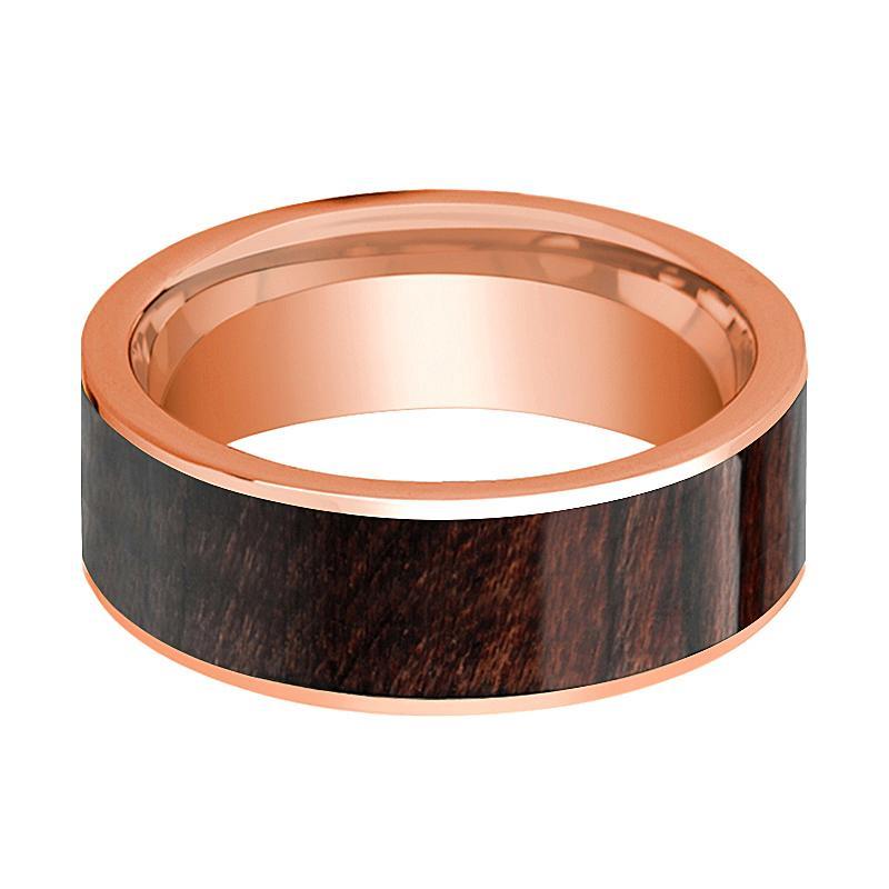 Mens Wedding Band Polished Flat 14k Rose Gold Wedding Ring with Bubinga Wood Inlay - 8mm - AydinsJewelry