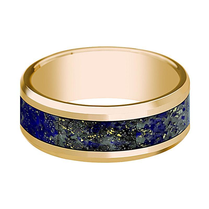Mens Wedding Band 14K Yellow Gold with Blue Lapis Lazuli Inlay Beveled Edge Polished Design - AydinsJewelry