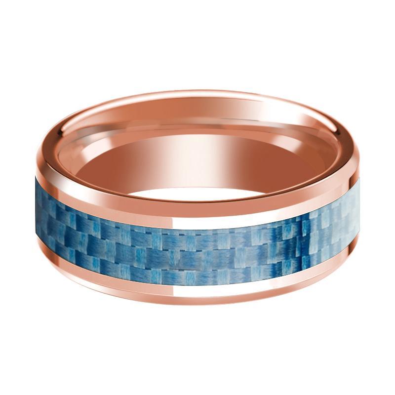 14K Rose Gold Mens Wedding Band with Blue Carbon Fiber Inlay Beveled Edge Polished