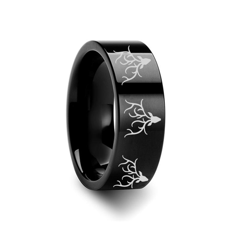 Animal Design Ring - Reindeer Deer Stag Head Print -  Laser Engraved - Flat Tungsten Ring - 4mm - 6mm - 8mm - 10mm - 12mm - AydinsJewelry