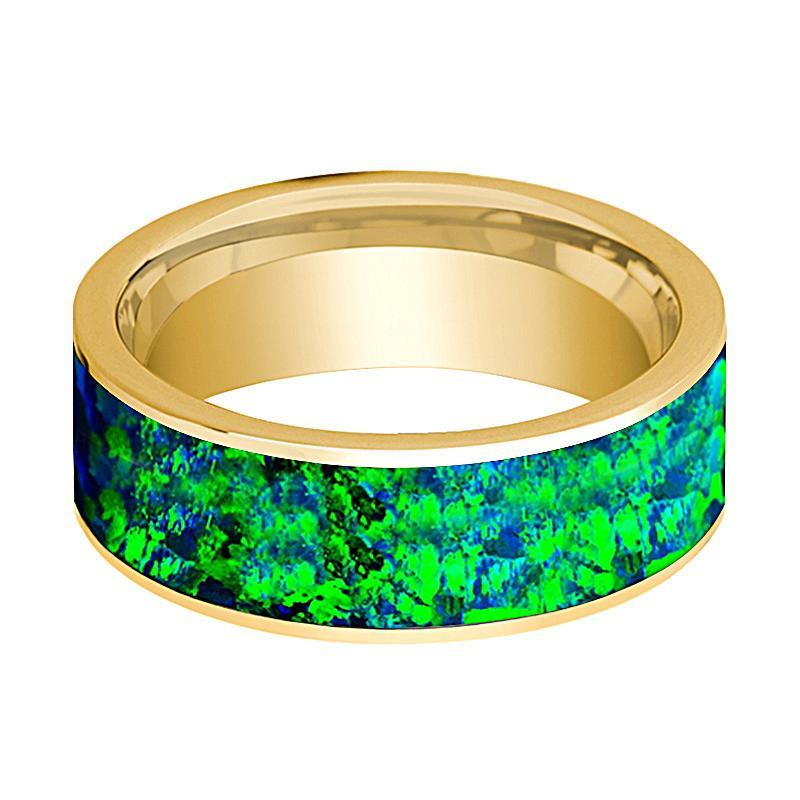 Mens Wedding Band 14K Yellow Gold with Emerald Green and Sapphire Blue Opal Inlay Flat Polished Design - AydinsJewelry