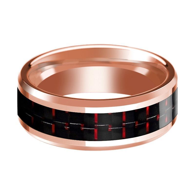 14K Wedding Band Rose Gold with Black & Red Carbon Fiber Inlay Beveled Edges Polished Ring