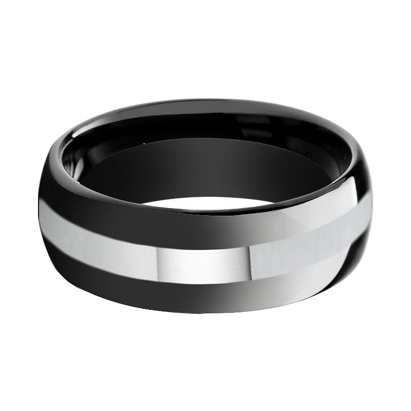 Tungsten Ring Black Shiny Polished Domed Wedding Band w/ Silver Stripe 8mm Tungsten Carbide Wedding Ring