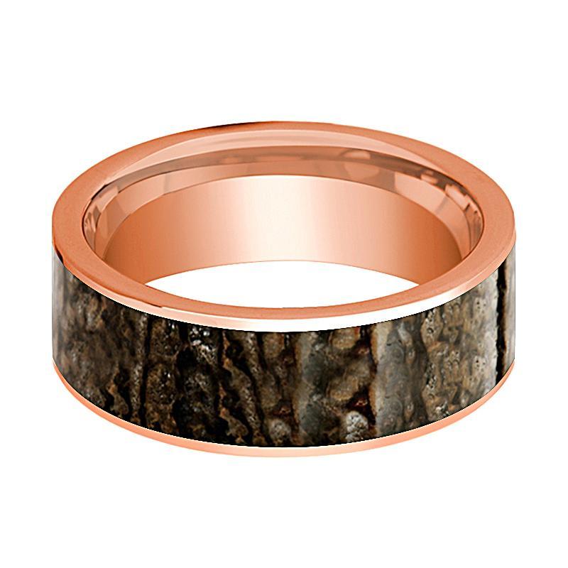 Dinosaur Bone Ring - Brown Dinosaur Bone - Flat Polished 14K Rose Gold - Polished Finish - 8mm - 14k Rose Gold Wedding Ring - AydinsJewelry