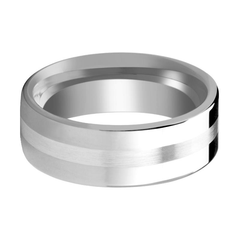 Tungsten Carbide Wedding Band with Sterling Silver Stripe Inlay Flat Polished Finish 6mm, 8mm