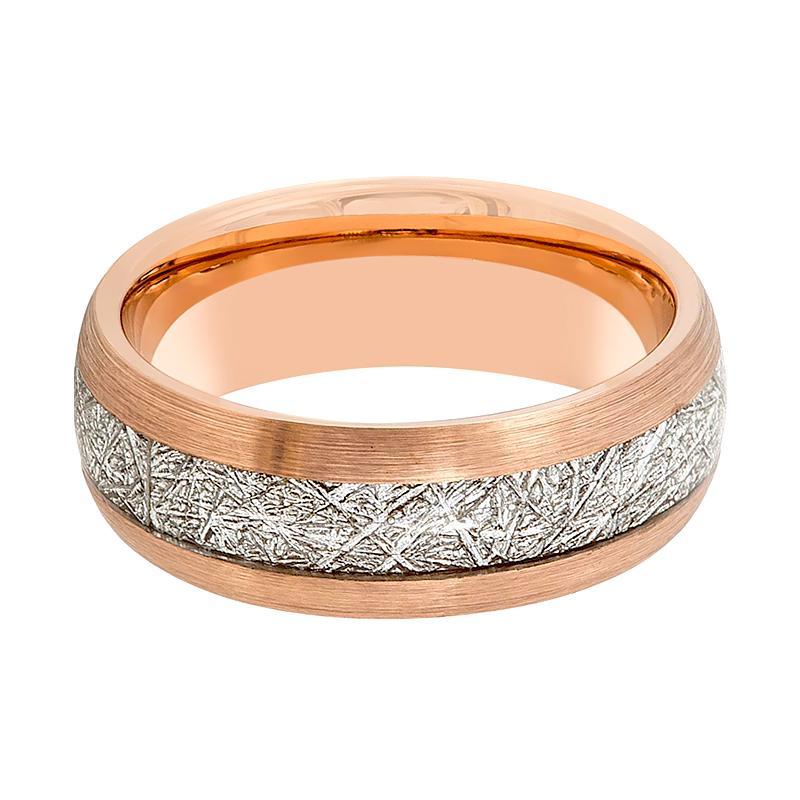 Rose Gold & Meteorite Inlay Tungsten Ring Men 8mm Beveled Edge Tungsten Carbide Wedding Band