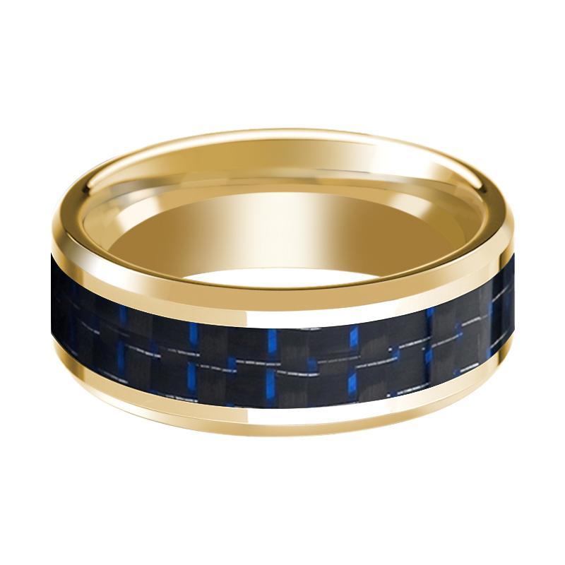 Mens Wedding Ring with Blue & Black Carbon Fiber Inlay & 14K Yellow Gold Beveled Edge Polished Design